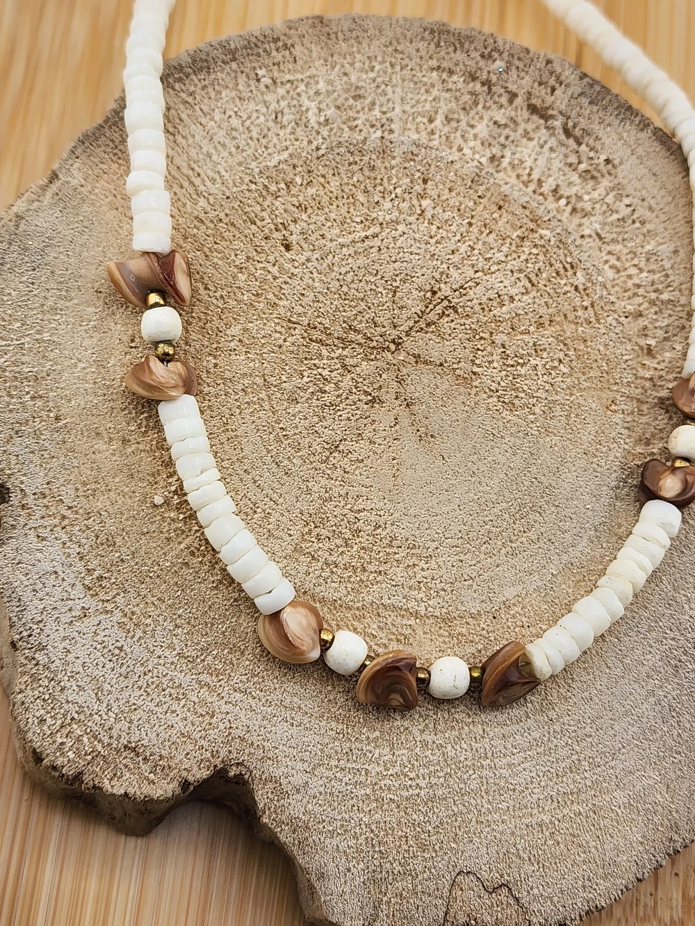 17in Handmade White and Brown Beaded Necklace 0547